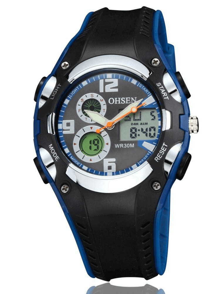 Unisex digital quartz wristwatch with black silicone band, LED display, featuring multiple time zones and shock resistance.